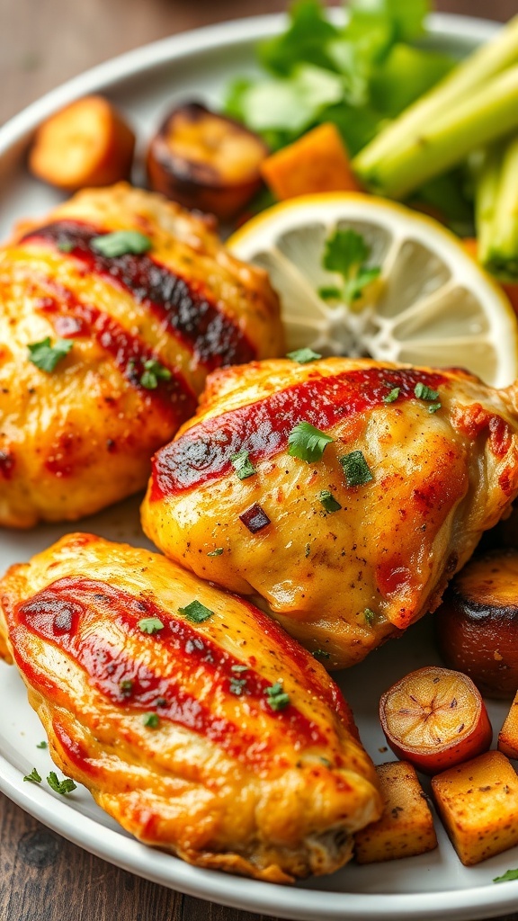 Oven-baked chicken thighs on a plate, garnished with herbs and lemon, served with vegetables.